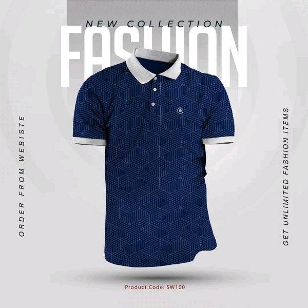 Premium Navy-Blue Printed Polo T-shirt