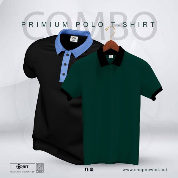 Cotton Combo Polo t-shirt ( Black + Bottle Green )
