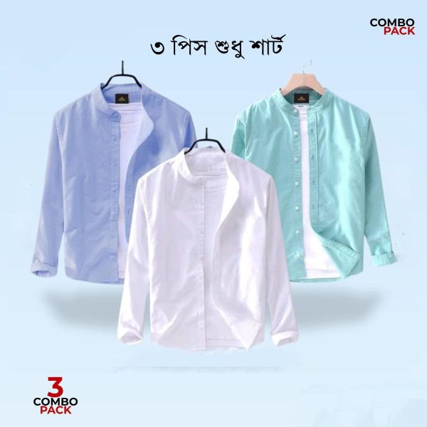 3 pcs Combo Men's Ban Collar Cotton Shirt - 3491