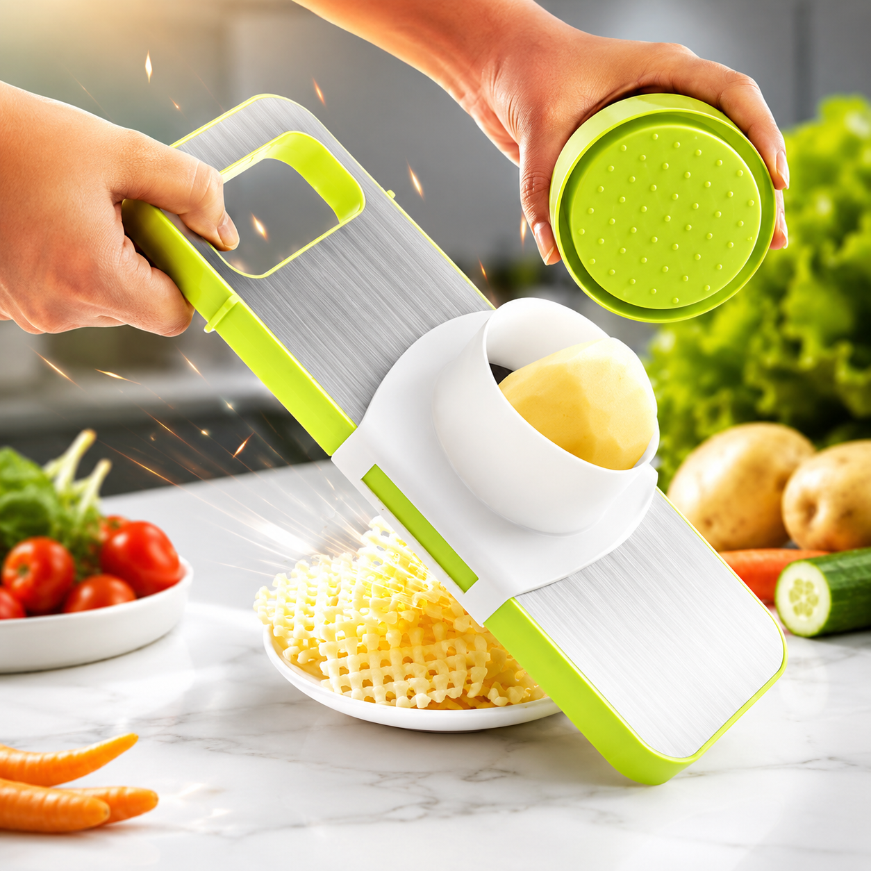 BFW3Y5rUBAXrQzVdi5aymFCMckvKarDKdMxSU5Qy Manual Food Grater & Slicer with Stainless Steel Blades – Multi-Functional Vegetable, Fruit & Cheese Cutter for Kitchen Prep - Image 1