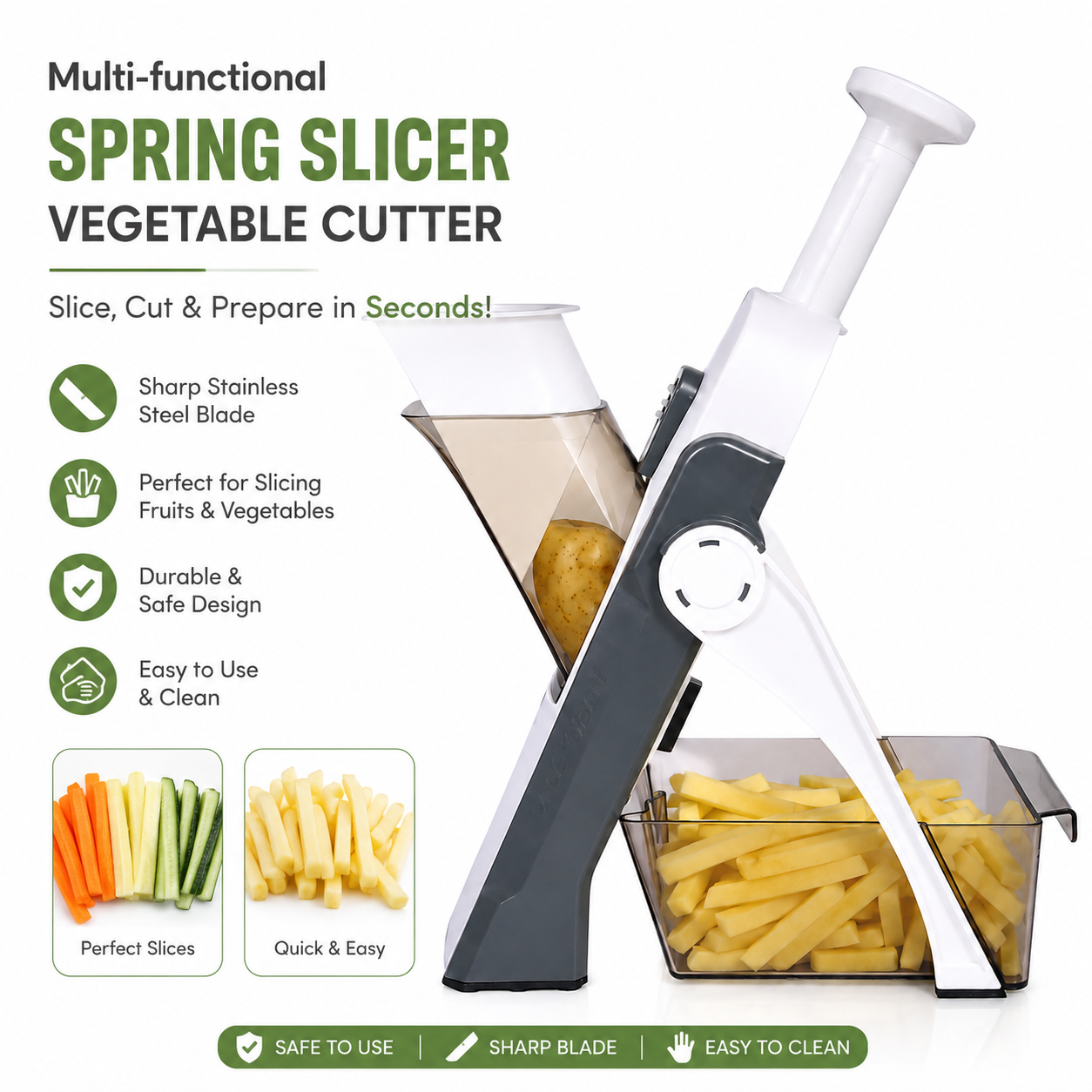 Q0zG38A3jyYuLYHdFzRrGyRIRHNbDSHtJDHcoL2R Multi-functional Spring Vegetable Slicer & Cutter – Adjustable Thickness Safe Mandoline Slicer for Julienne, Dicing, Carrot, Potato & Kitchen Chopping (Multi-Colour) - Image 1